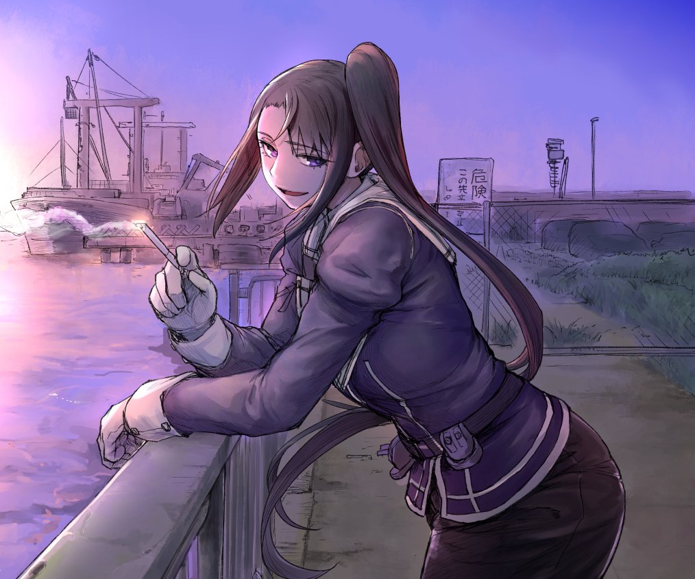1girl bangs belt black_hair black_skirt cigarette evening eyelashes gloves grass holding holding_cigarette kantai_collection leaning_forward long_hair long_sleeves nachi_(kantai_collection) nujima open_mouth outdoors ponytail remodel_(kantai_collection) ship side_ponytail skirt smoke smoking solo standing uniform very_long_hair violet_eyes water watercraft white_gloves
