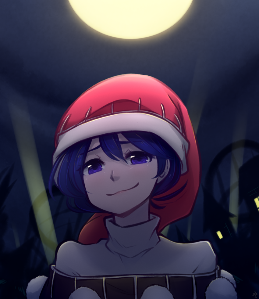 1girl :3 bangs blue_hair commentary doremy_sweet english_commentary face full_moon hair_between_eyes hat looking_at_viewer moon night nightcap outdoors pom_pom_(clothes) portrait short_hair smile smirk solo speckticuls touhou turtleneck violet_eyes