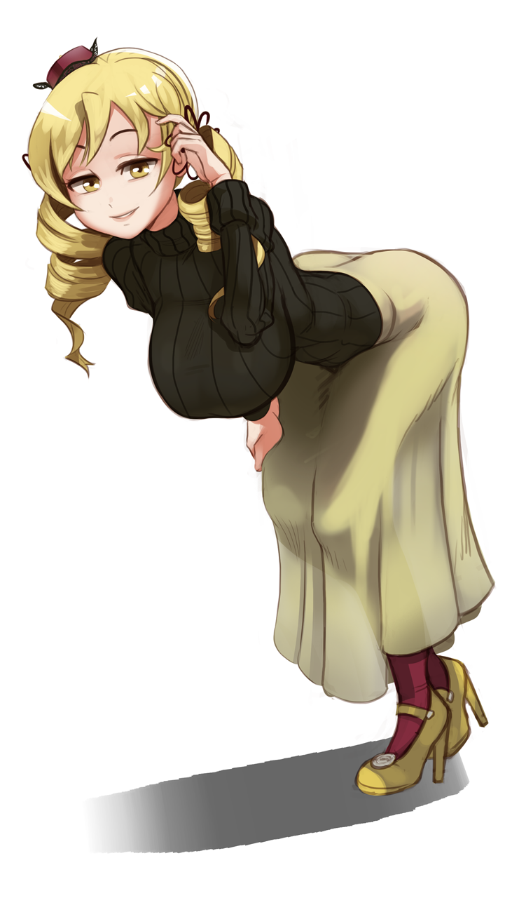 1girl bent_over black_sweater blonde_hair breasts commission drill_hair full_body hair_ornament hairpin hanging_breasts hat high_heels highres large_breasts long_hair looking_at_viewer mahou_shoujo_madoka_magica mini_hat polyle ribbed_sweater slender_waist solo sweater tomoe_mami turtleneck turtleneck_sweater twin_drills twintails yellow_eyes