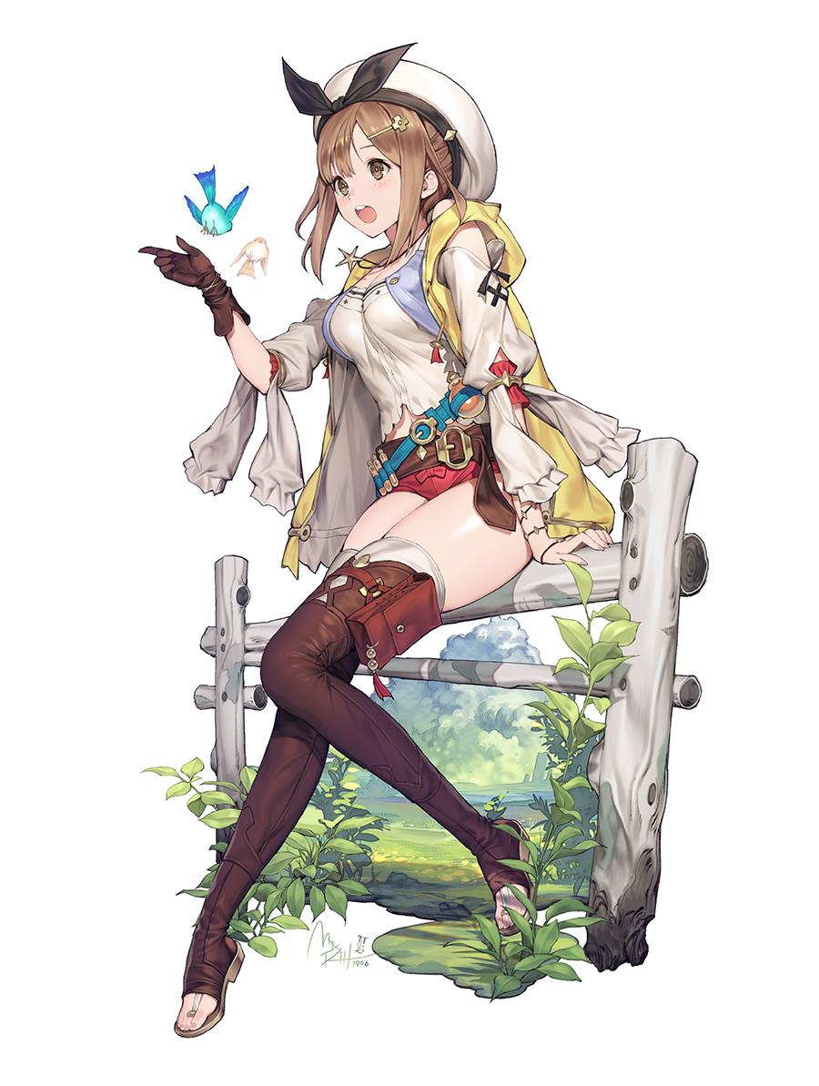 1girl atelier_(series) atelier_ryza belt beret bird breasts brown_eyes brown_hair brown_legwear fence flask gloves hair_ornament hairclip hat hat_ribbon jacket jewelry mandrill medium_breasts medium_hair midriff necklace open_mouth pouch reisalin_stout ribbon short_shorts shorts solo thigh-highs thighs toes white_background