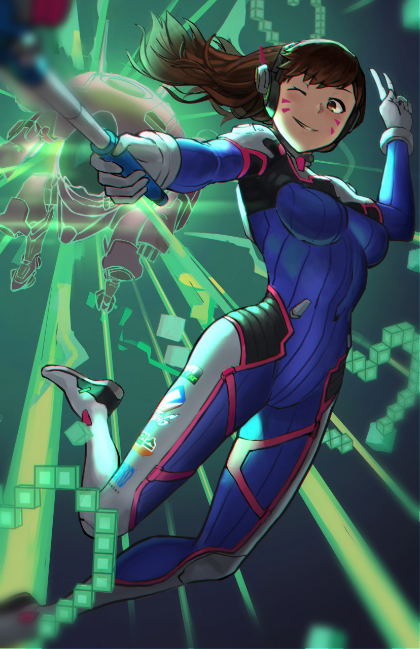 1girl ;) bodysuit breasts brown_eyes commentary_request covered_navel d.va_(overwatch) explosion facepaint full_body gameplay_mechanics gloves headset heart highres jumping long_hair medium_breasts meka_(overwatch) one_eye_closed overwatch pilot_suit pixelated pose ribbed_bodysuit self_shot selfie_stick smile solo v whisker_markings white_gloves yuu3