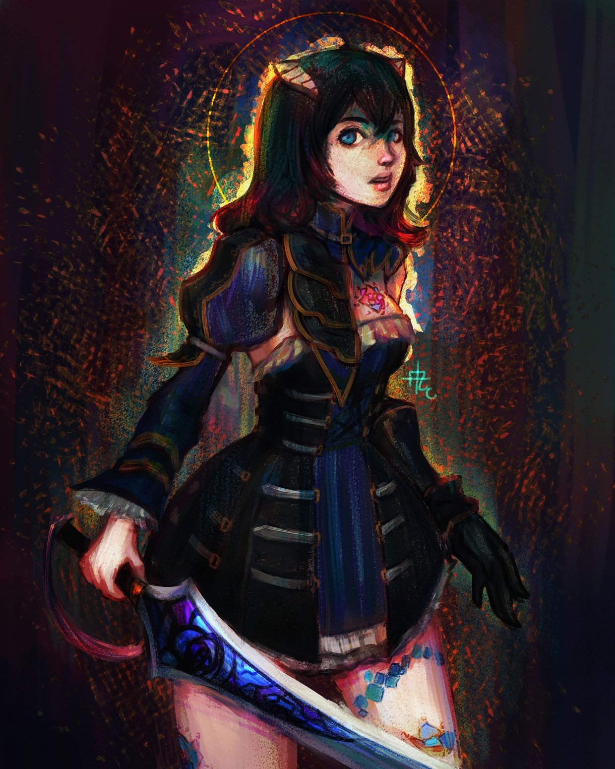 1girl black_hair bloodstained:_ritual_of_the_night blue_eyes breasts brown_hair detached_sleeves gauntlets gradient_hair hair_between_eyes hair_ornament highres horns looking_at_viewer miriam_(bloodstained) mordra multicolored_hair pale_skin short_hair solo stained_glass sword tattoo weapon