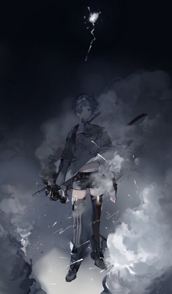 1girl bangs bare_shoulders boots choker closed_mouth dress fingerless_gloves floating_clothes full_body girls_frontline gloves goggles goggles_on_head hair_over_one_eye looking_at_viewer nineo shad short_hair shorts simple_background smoke solo standing thigh-highs zas_m21_(girls_frontline)