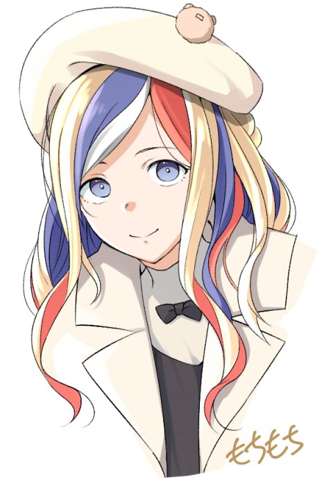 1girl artist_name beret blonde_hair blue_hair collar commandant_teste_(kantai_collection) commentary_request hat kantai_collection long_hair looking_at_viewer moti_coi multicolored_hair redhead simple_background smile solo streaked_hair upper_body wavy_hair white_background white_hair white_headwear
