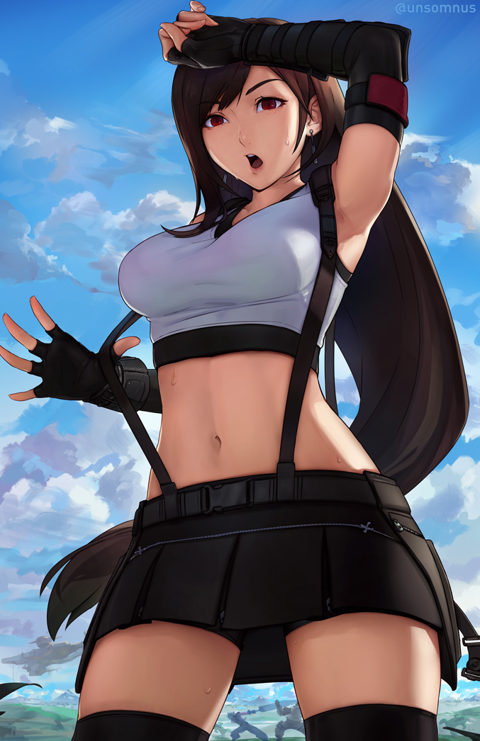 1girl 2boys aircraft arm_up bangs bike_shorts black_gloves black_legwear black_skirt breasts brown_hair cloud_strife clouds cloudy_sky crop_top day earrings elbow_gloves eyebrows_visible_through_hair final_fantasy final_fantasy_vii final_fantasy_vii_remake fingerless_gloves gloves hand_on_own_head jewelry large_breasts long_hair looking_at_viewer miniskirt multiple_boys navel open_mouth outdoors panties red_eyes shorts shorts_under_skirt skirt sky sleeveless solo_focus stomach suspender_skirt suspenders sweat thigh-highs tifa_lockhart twitter_username underwear unsomnus very_long_hair zipper zipper_pull_tab