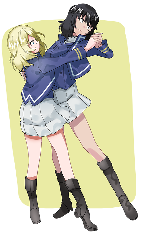 andou_(girls_und_panzer) bangs bc_freedom_military_uniform blonde_hair blue_eyes blue_jacket blue_vest boots border brown_eyes dancing dark_skin girls_und_panzer green_background high_collar holding_hands jacket long_sleeves looking_at_another looking_to_the_side medium_hair messy_hair oono_imo oshida_(girls_und_panzer) pleated_skirt simple_background skirt thighs vest white_border white_skirt