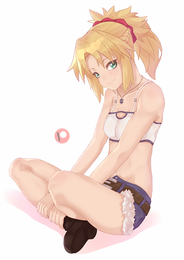 1girl bare_shoulders belt blonde_hair blush braid breasts brown_belt commentary darahan english_commentary fate/apocrypha fate_(series) fur_trim green_eyes long_hair looking_at_viewer mordred_(fate) mordred_(fate)_(all) patreon_logo ponytail shoes short_shorts shorts simple_background sitting smile solo white_background