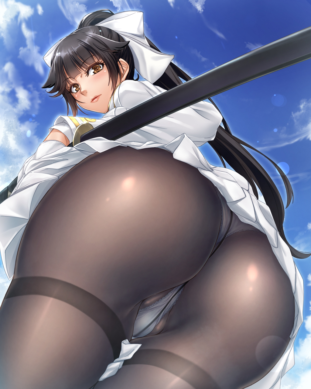 1girl animal_ears ass azur_lane bangs black_hair black_legwear blue_sky blush bow breasts brown_eyes day eyebrows_visible_through_hair gloves hair_bow hair_flaps highres holding holding_sword holding_weapon katana kobapyon large_breasts long_hair looking_at_viewer military military_uniform miniskirt outdoors panties panties_under_pantyhose pantyhose parted_lips pleated_skirt ponytail ribbon sheath sheathed skirt sky smile solo sword takao_(azur_lane) thighband_pantyhose underwear uniform very_long_hair weapon white_bow white_panties