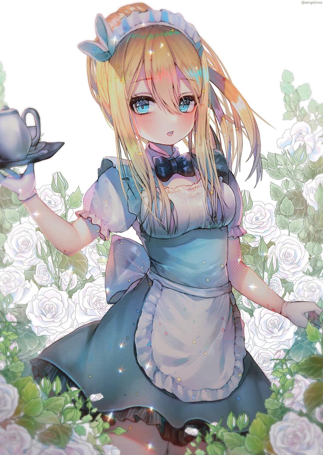 1girl :o alternate_costume alternate_hairstyle apron bangs blonde_hair blue_dress blue_eyes blurry breasts bunny_hair_ornament cowboy_shot cup depth_of_field dress enmaided flower girls_frontline gloves hair_between_eyes hair_ornament hanato_(seonoaiko) hand_up high_ponytail highres holding holding_tray long_hair looking_at_viewer maid maid_apron maid_headdress medium_breasts open_mouth ponytail rose saucer short_sleeves sidelocks snowflake_hair_ornament solo sparkle standing suomi_kp31_(girls_frontline) teapot thigh-highs tray twitter_username waist_apron white_background white_flower white_gloves white_legwear