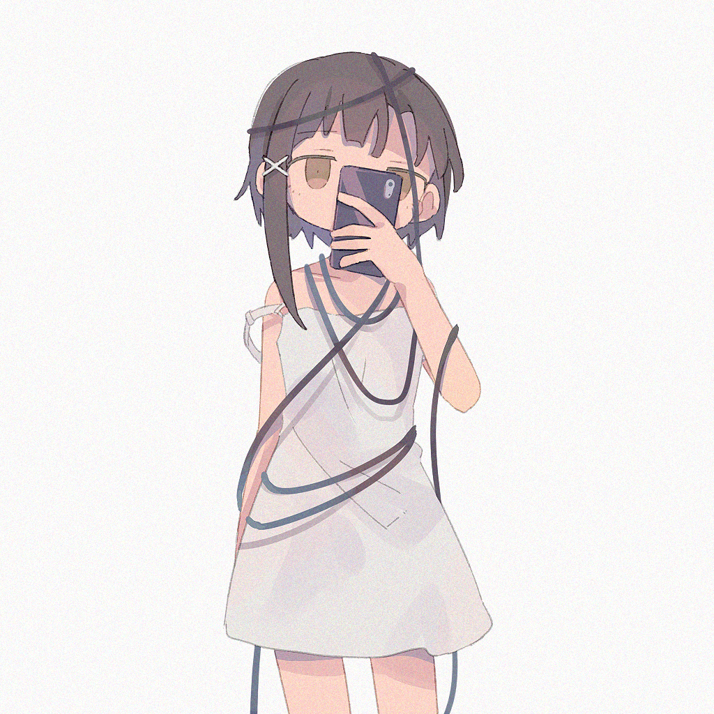 1girl arm_at_side brown_eyes brown_hair cellphone cowboy_shot daizu_(melon-lemon) dress expressionless grey_background hair_ornament holding holding_cellphone holding_phone iwakura_lain phone self_shot serial_experiments_lain short_hair simple_background smartphone solo strap_slip suspenders white_dress x_hair_ornament