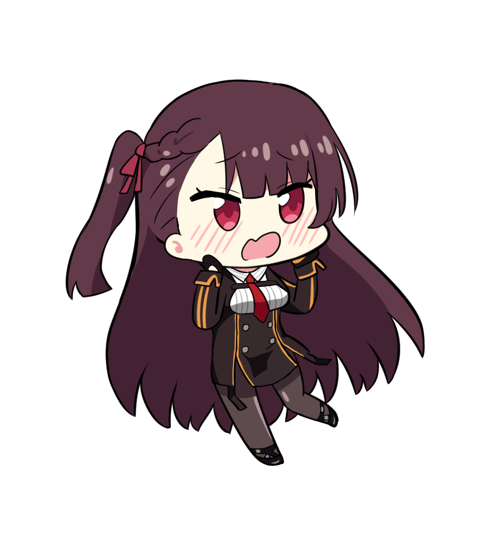 1girl black_legwear blush breasts chibi girls_frontline hands_on_own_cheeks hands_on_own_face long_hair necktie nemomo open_mouth purple_hair red_eyes side_ponytail simple_background solo wa2000_(girls_frontline) white_background