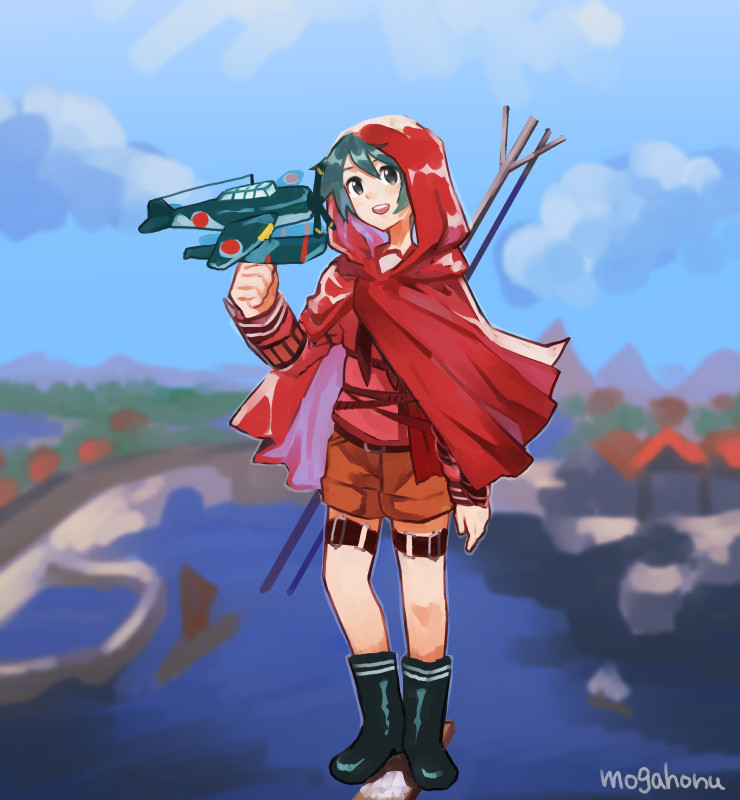 1girl aircraft airplane artist_name bangs black_footwear blue_sky blurry brown_shorts clouds day depth_of_field e16a_zuiun full_body green_eyes green_hair head_tilt kantai_collection long_sleeves looking_at_viewer mogami_(kantai_collection) mogamiya_honu outdoors polearm raincoat red_shirt school_uniform serafuku shirt short_hair shorts sky smile solo standing swept_bangs thigh_strap weapon