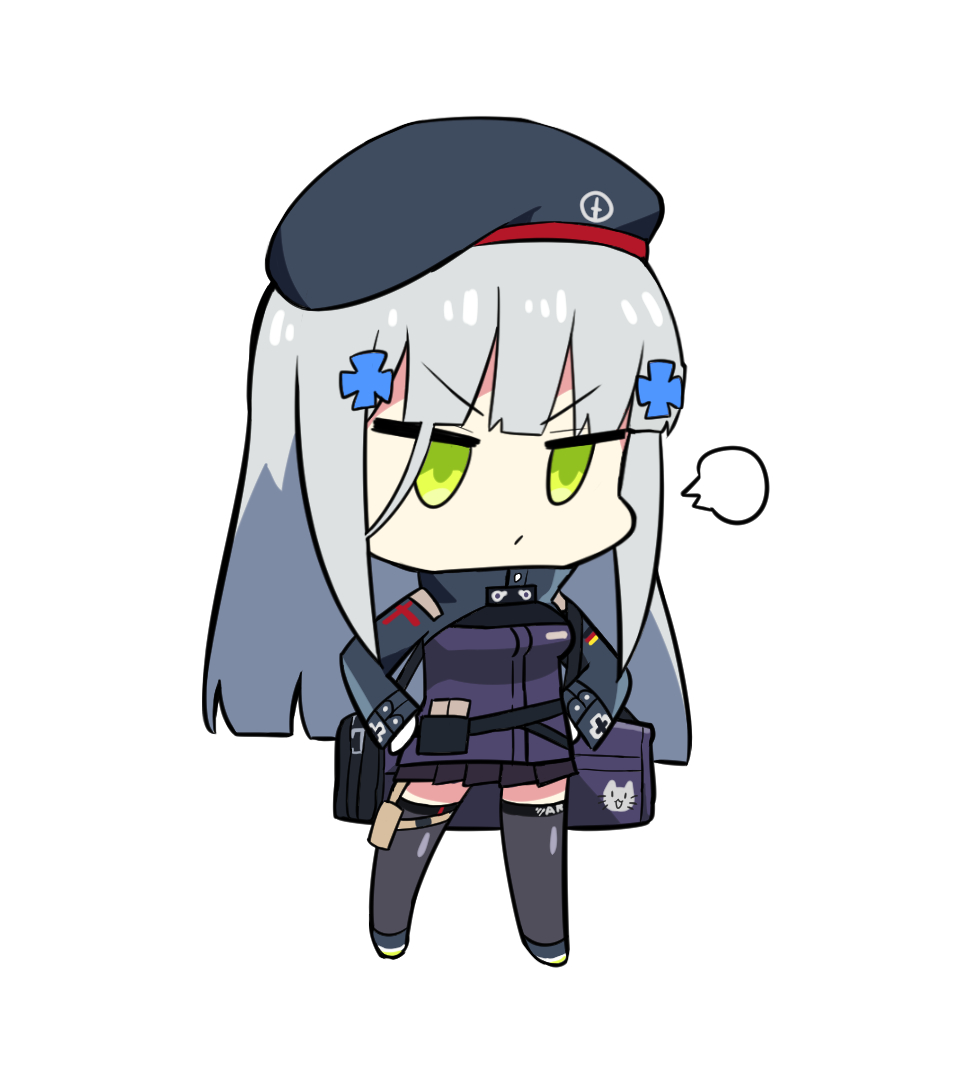 1girl bag bangs black_legwear blue_hair blunt_bangs breasts chibi frown girls_frontline green_eyes hair_ornament hands_on_hips hk416_(girls_frontline) jacket long_hair nemomo pleated_skirt simple_background skirt solo thigh-highs white_background