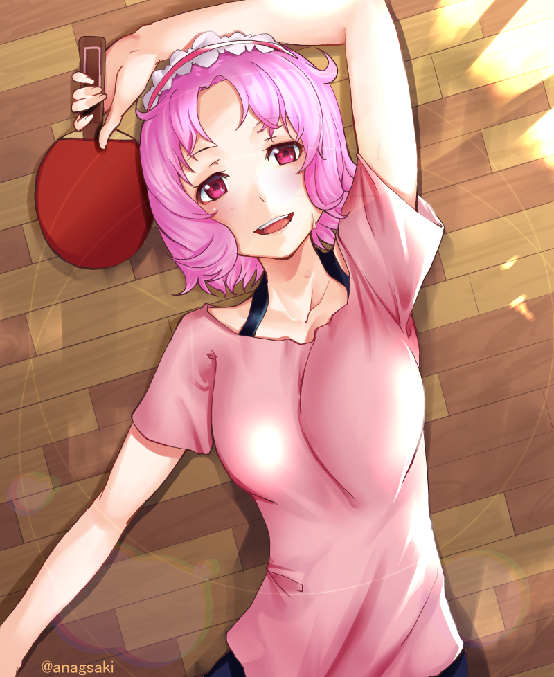 1girl :d aona_(kuuga19yuu) arm_up collarbone eyebrows_visible_through_hair from_above headdress holding_paddle looking_at_viewer lying on_back oomune_mune open_mouth paddle pink_hair pink_shirt red_eyes shakunetsu_no_takkyuu_musume shirt short_hair short_sleeves smile solo sweat table_tennis_paddle twitter_username upper_body