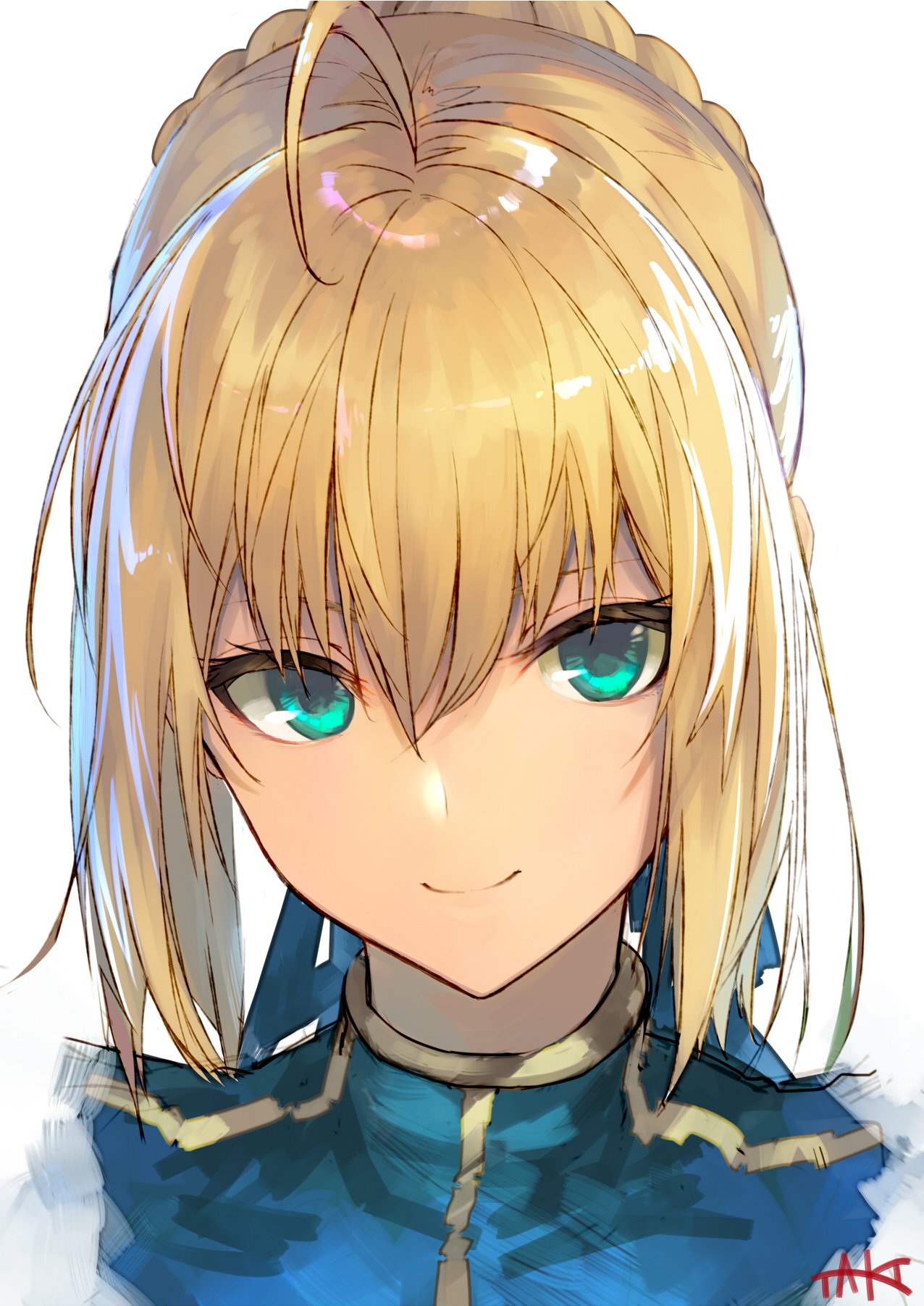 1girl ahoge artoria_pendragon_(all) blonde_hair blue_dress blue_ribbon braid braided_bun closed_mouth dress eyelashes face fate/stay_night fate_(series) green_eyes hair_between_eyes hair_bun hair_ribbon highres jazztaki looking_at_viewer portrait ribbon saber shiny shiny_hair short_hair sidelocks signature simple_background smile solo symbol_commentary white_background