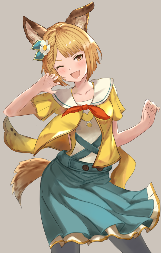 1girl ;d animal_ears aqua_(popogori) aqua_shirt blonde_hair braid collarbone contrapposto cowboy_shot daisy flower fox_ears fox_tail granblue_fantasy grey_background grey_legwear hair_flower hair_ornament head_tilt looking_at_viewer miniskirt neckerchief one_eye_closed open_mouth pantyhose pleated_skirt red_neckwear sailor_collar shirt short_hair short_sleeves simple_background skirt smile solo standing tail vajra_(granblue_fantasy) white_flower white_sailor_collar yellow_eyes