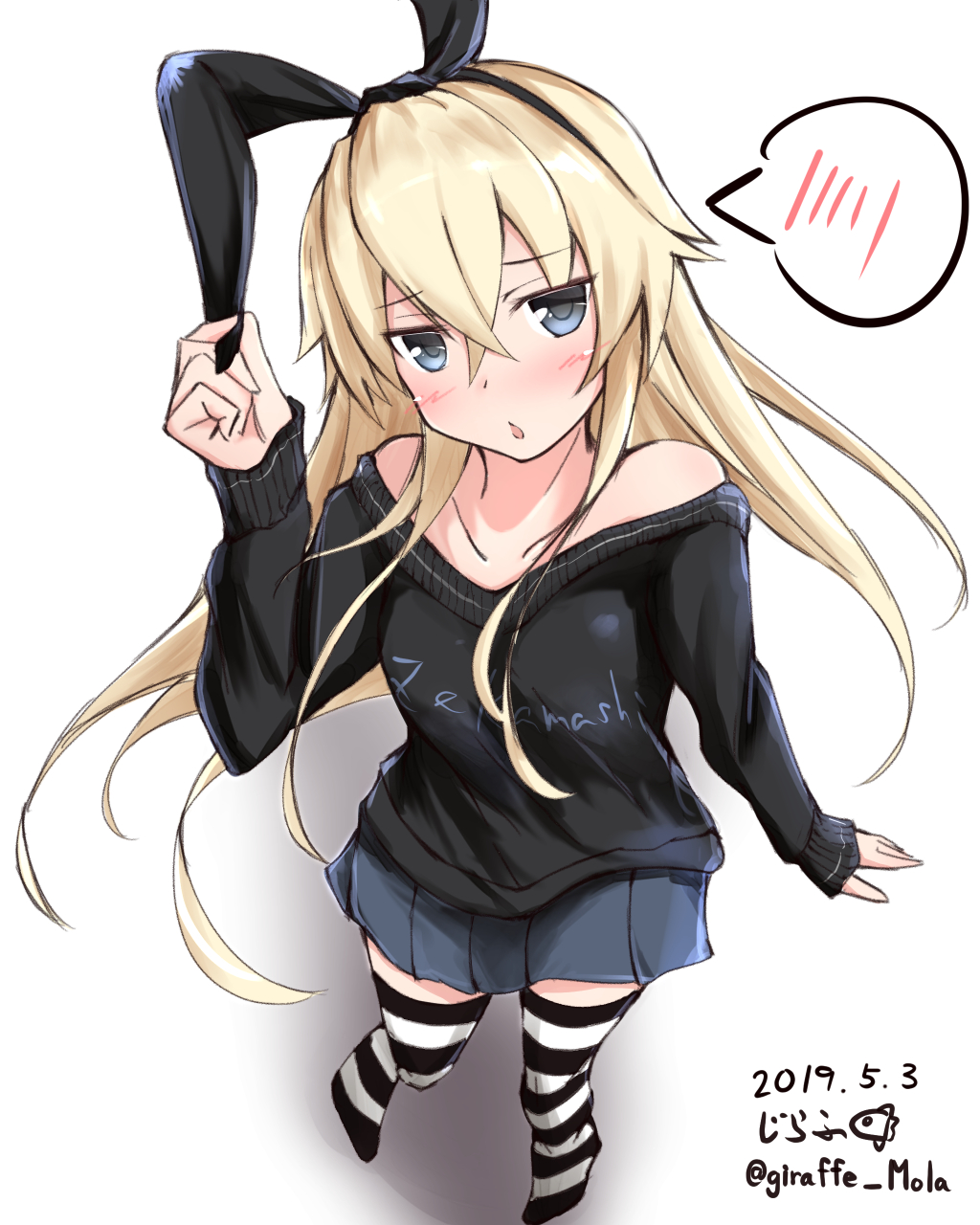 alternate_costume blonde_hair blue_eyes blue_skirt blush chestnut_mouth giraffe_(ilconte) hair_between_eyes hair_ornament hair_ribbon hairband highres kantai_collection long_hair looking_at_viewer no_shoes off-shoulder_sweater off_shoulder open_mouth ribbon shimakaze_(kantai_collection) skirt solo speech_bubble standing striped striped_legwear sweater twitter_username