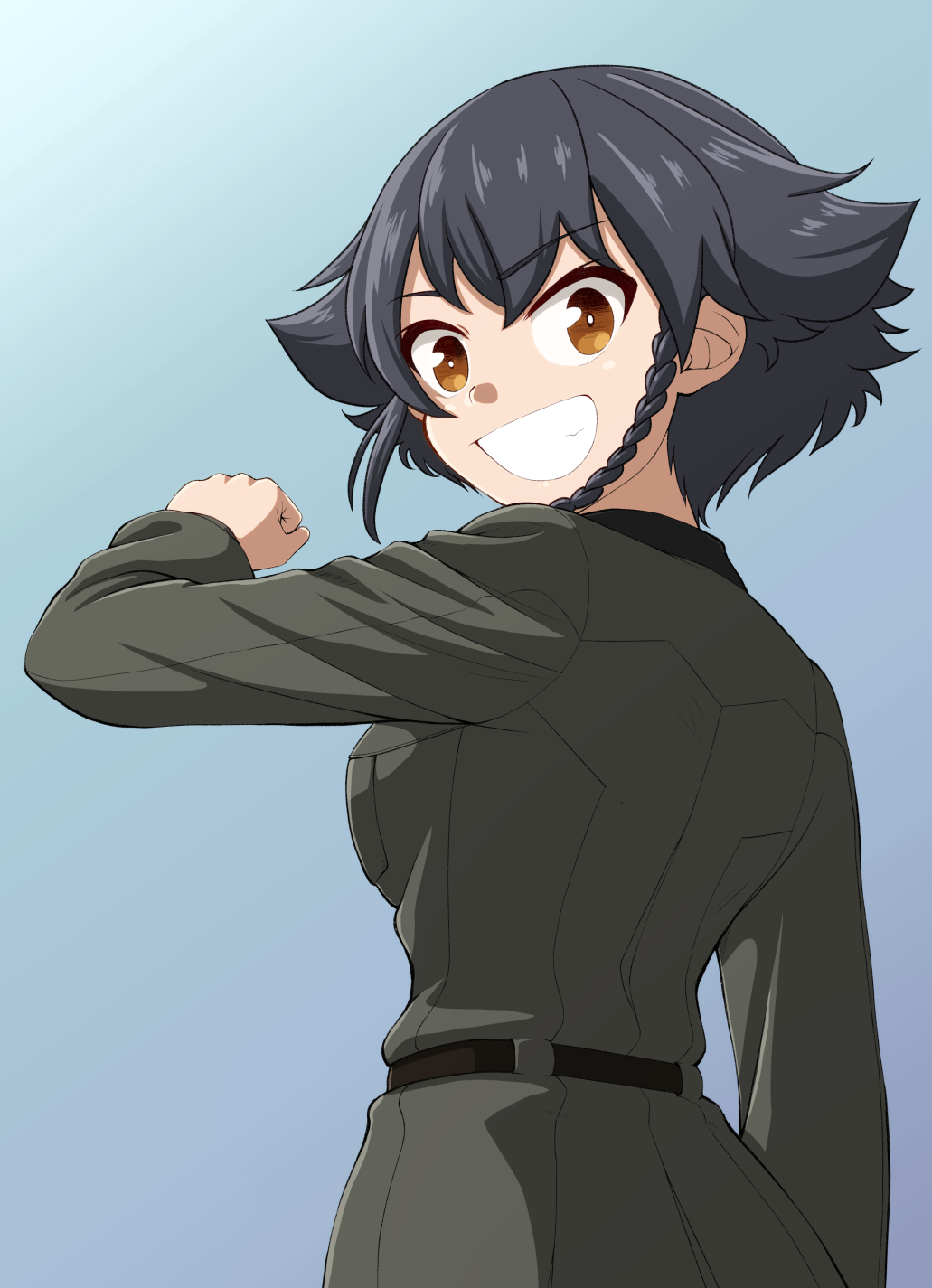 1girl anzio_military_uniform bangs belt black_belt black_hair black_shirt blue_background braid brown_eyes clenched_hand commentary dress_shirt eyebrows_visible_through_hair from_side girls_und_panzer gradient gradient_background grey_jacket grin highres jacket long_sleeves looking_at_viewer military military_uniform pepperoni_(girls_und_panzer) ruka_(piyopiyopu) shirt short_hair side_braid smile solo uniform upper_body
