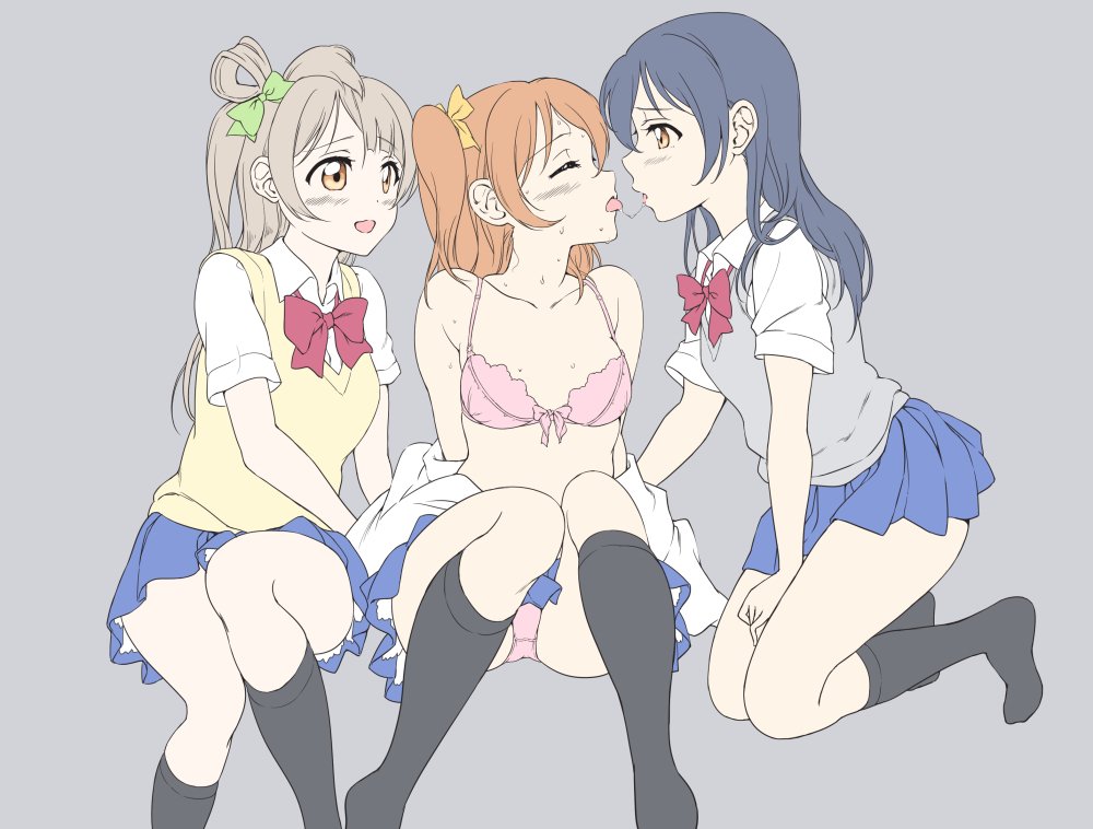 3girls assisted_exposure bangs blue_hair blush bow bra closed_eyes commentary_request eyebrows_visible_through_hair grey_hair hair_between_eyes hair_bow kiss kiss_day kneeling kousaka_honoka long_hair looking_at_another love_live! love_live!_school_idol_project minami_kotori multiple_girls one_side_up open_clothes open_mouth open_shirt orange_hair panties pantyshot pink_bra saliva saliva_trail school_uniform shirt simple_background sitting skirt smile sonoda_umi sweat tetopetesone tongue tongue_out underwear yellow_eyes yuri