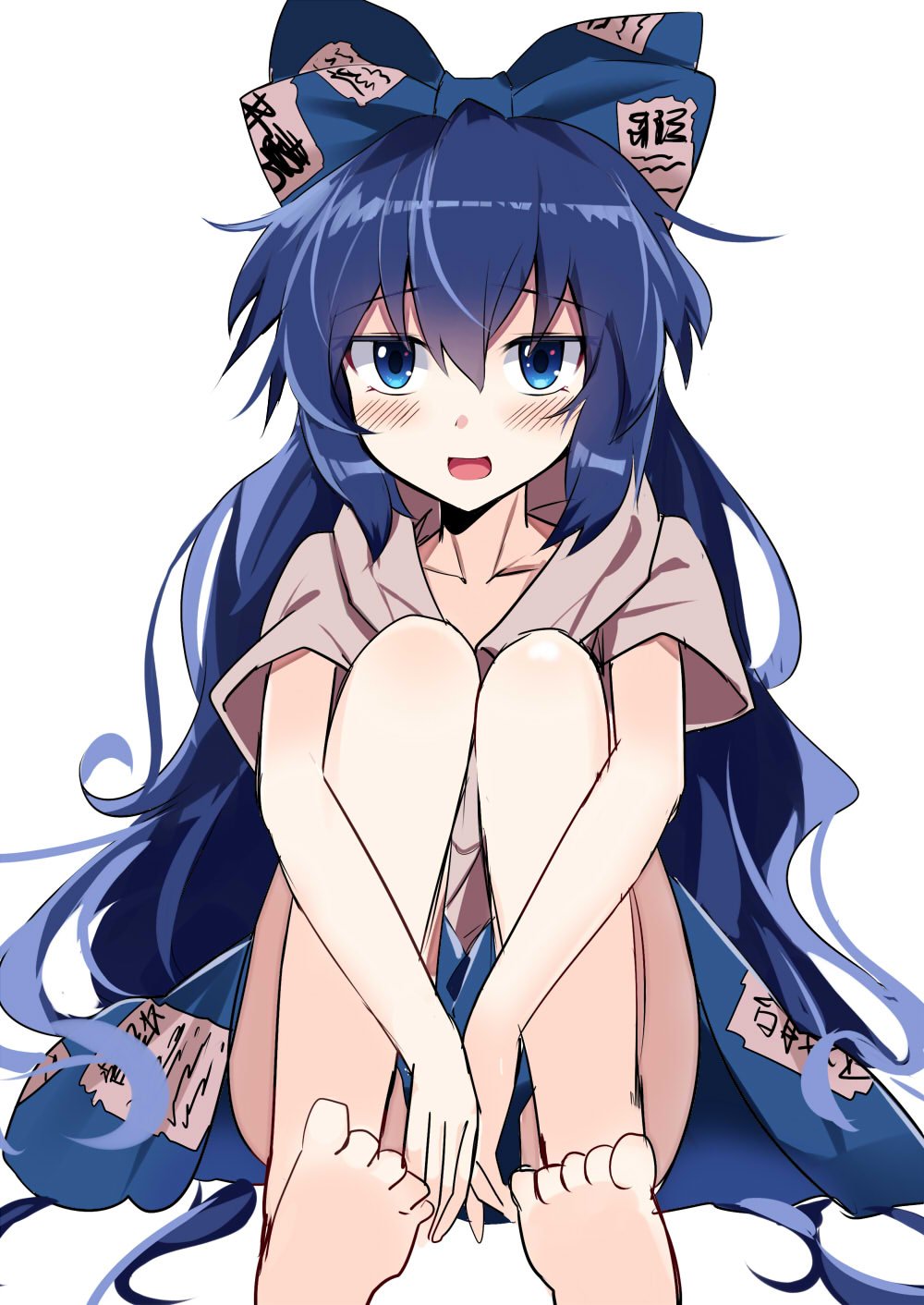 1girl :d bad_feet bangs barefoot blue_bow blue_eyes blue_hair blue_skirt blush bow collarbone commentary_request debt e.o. eyebrows_visible_through_hair grey_hoodie hair_between_eyes hair_bow highres hood hoodie knees_up long_hair looking_at_viewer open_mouth short_sleeves simple_background sitting skirt smile solo touhou very_long_hair white_background yorigami_shion