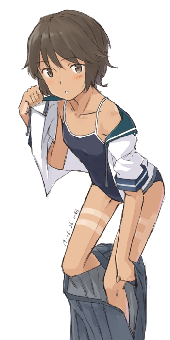 1girl blue_sailor_collar blue_skirt blue_swimsuit brown_eyes brown_hair competition_school_swimsuit kantai_collection kawashina_(momen_silicon) leaning_forward miyuki_(kantai_collection) open_mouth pleated_skirt sailor_collar school_swimsuit school_uniform serafuku short_hair simple_background skirt solo swimsuit swimsuit_under_clothes tan tanline undressing wavy_hair white_background