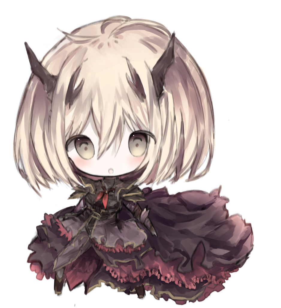 1girl :o bangs black_jacket black_skirt blonde_hair blush boots brown_eyes brown_footwear character_request chibi commentary_request cottontailtokki eyebrows_visible_through_hair full_body hair_between_eyes horns jacket neckerchief parted_lips pauldrons red_neckwear shadowverse simple_background skirt solo standing white_background