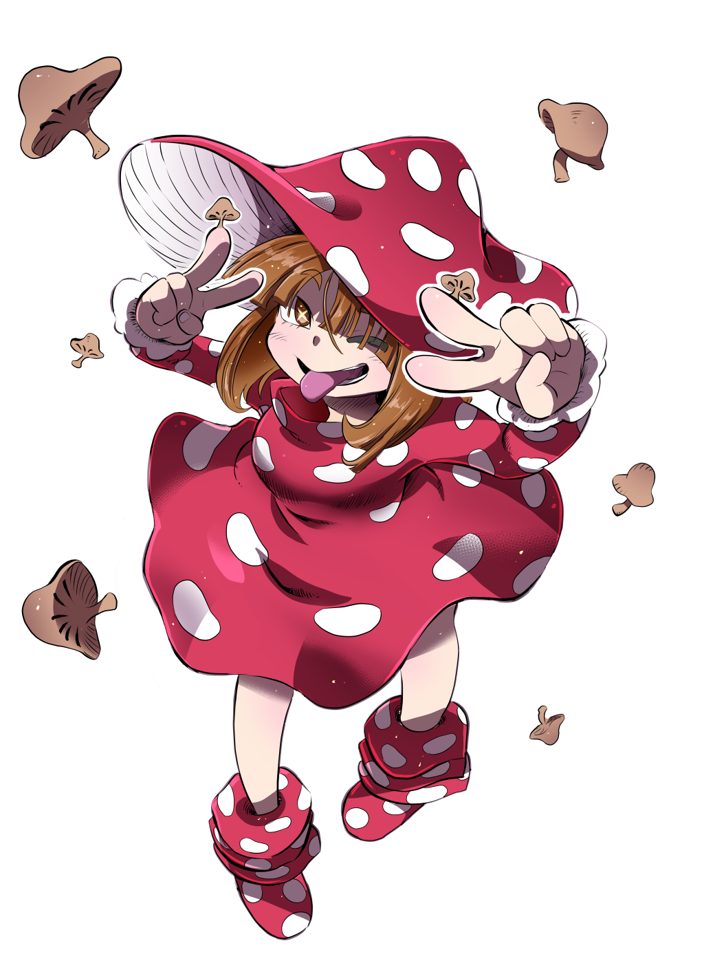 +_+ 1girl bangs belt blush boku_no_hero_academia boots brown_eyes brown_hair dress fur_trim hair_over_one_eye hat highres kiwa_(pokemonwars) komori_kinoko mushroom mushroom_hat one_eye_closed open_mouth solo teeth tongue tongue_out white_background