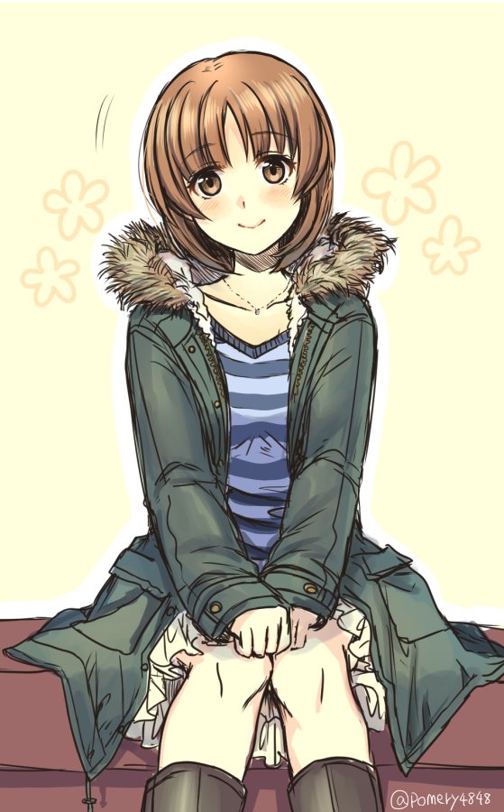 1girl bangs black_footwear blue_shirt boots brown_eyes brown_hair casual closed_mouth coat commentary eyebrows_visible_through_hair fur-trimmed_coat fur_trim girls_und_panzer hands_on_lap hooded_coat jewelry light_blush looking_at_viewer medium_skirt motion_lines necklace nishizumi_miho open_clothes open_coat shirt short_hair sitting skirt smile solo striped striped_shirt totonii_(totogoya) twitter_username v_arms white_skirt yellow_background