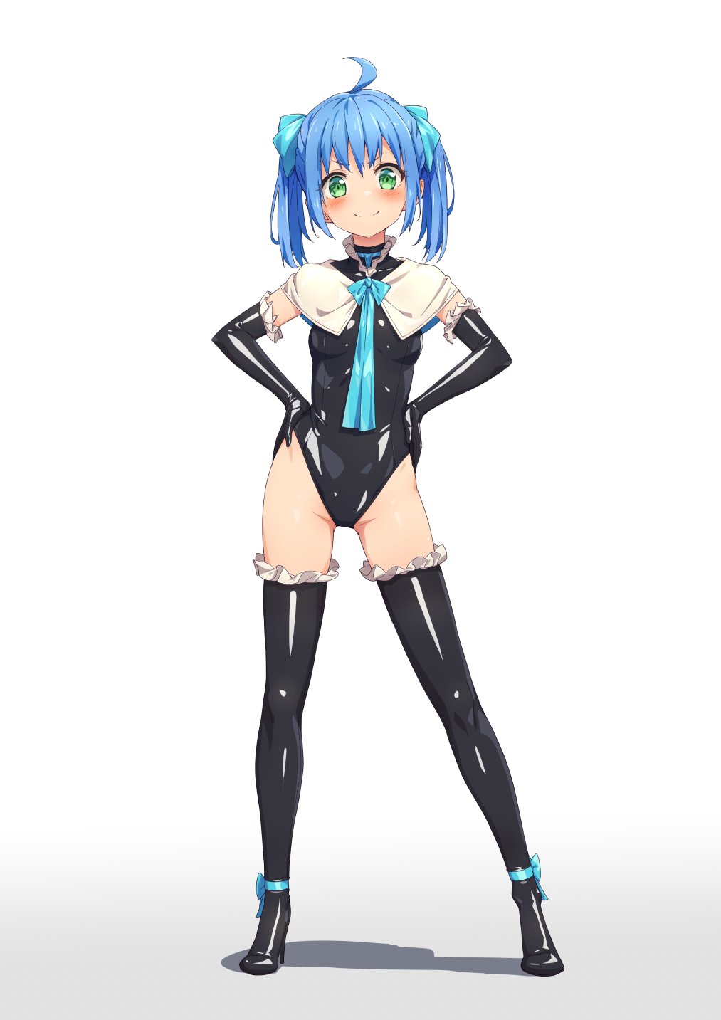 &gt;:) 1girl ahoge blue_hair boots capelet commentary_request elbow_gloves frills full_body gloves gradient gradient_background green_eyes hair_ribbon hands_on_hips high_heels highres latex latex_boots latex_gloves latex_leotard looking_at_viewer original purinpu ribbon shadow shiny shiny_clothes short_twintails smile solo standing thigh-highs thigh_boots twintails