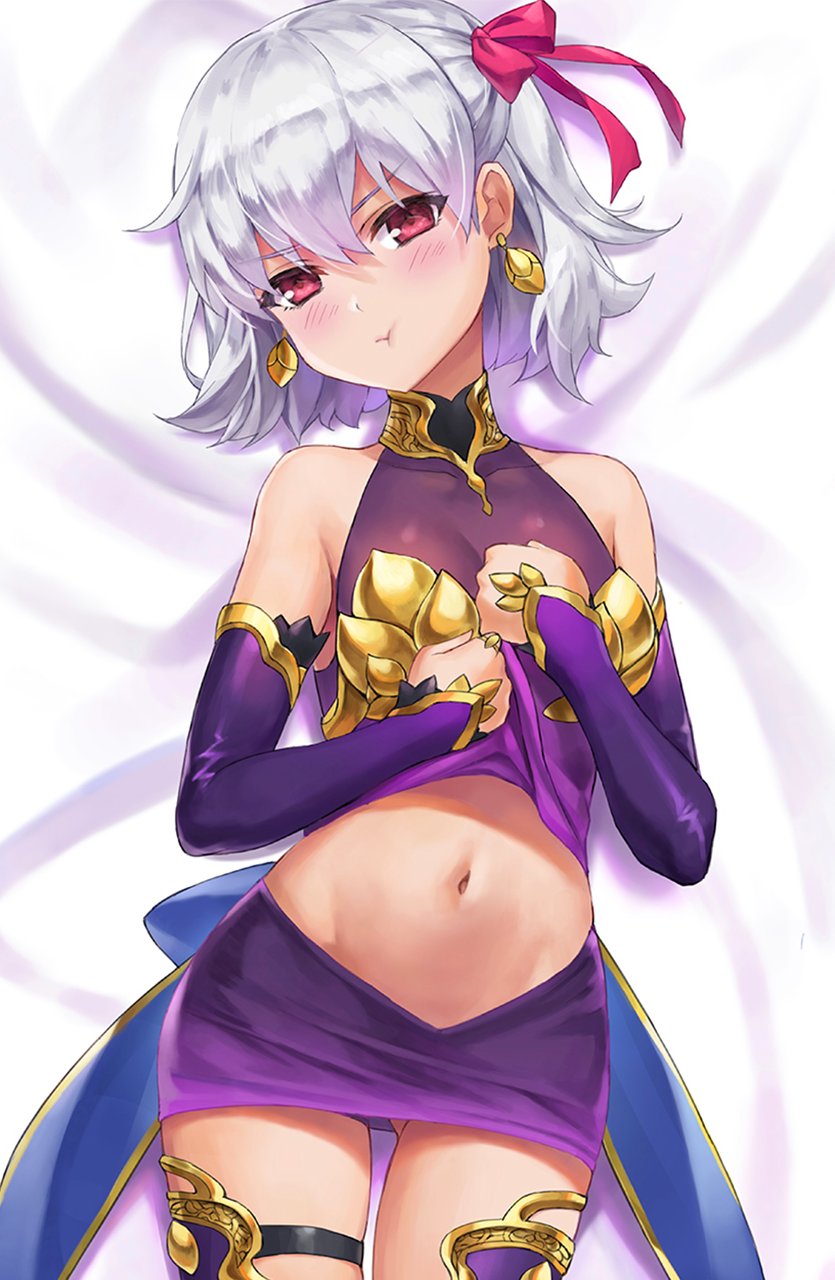 1girl bangs bare_shoulders blush breasts closed_mouth commentary_request detached_sleeves dress earrings fate/grand_order fate_(series) hair_between_eyes hair_ribbon highres jewelry kama_(fate/grand_order) looking_at_viewer navel pink_ribbon pout puffy_cheeks purple_dress purple_legwear purple_sleeves red_eyes ribbon short_hair silver_hair sleeveless sleeveless_dress small_breasts solo thigh_strap thighs tonee