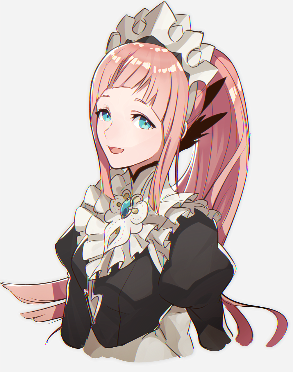 1girl :d black_shirt blue_eyes cropped_torso felicia_(fire_emblem_if) fire_emblem fire_emblem_if floating_hair ganov grey_background highres long_hair long_sleeves looking_at_viewer maid open_mouth pink_hair shiny shiny_hair shirt simple_background smile solo very_long_hair