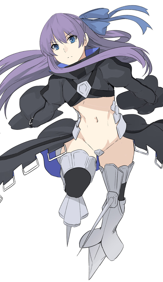1girl armor armored_boots bangs blue_eyes blue_ribbon boots breasts commentary_request crotch_plate eyebrows_visible_through_hair fate/grand_order fate_(series) hair_ribbon long_hair long_sleeves looking_at_viewer meltryllis navel purple_hair revealing_clothes ribbon shiseki_hirame simple_background sleeves_past_wrists solo thigh-highs very_long_hair white_background