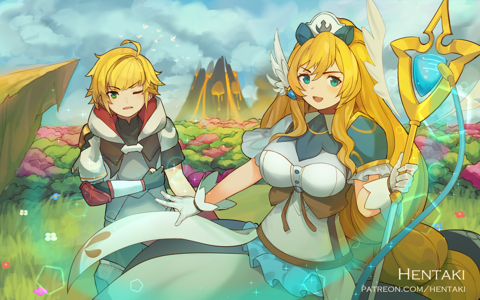 1boy 1girl :d ahoge aqua_eyes artist_name bangs blonde_hair blue_sky braid breasts character_request clouds cloudy_sky commentary day dragalia_lost dress english_commentary euden eyebrows_visible_through_hair field gloves green_eyes grey_dress hair_between_eyes hair_ornament hat hentaki holding holding_staff hood hood_down hooded_jacket jacket long_hair looking_at_viewer medium_breasts molten_rock nurse_cap one_eye_closed open_mouth outdoors parted_lips puffy_short_sleeves puffy_sleeves short_sleeves sidelocks single_braid single_pauldron sky smile staff v-shaped_eyebrows very_long_hair watermark web_address white_gloves white_headwear white_jacket