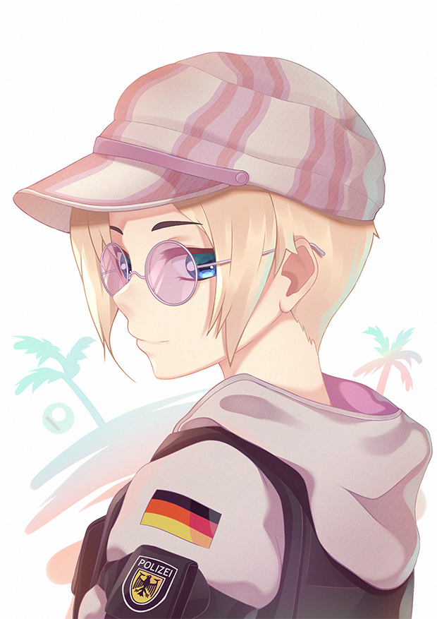 1girl blonde_hair blue_eyes darahan german_flag german_text glasses hat hood looking_at_viewer pink_headwear police rainbow_six_siege short_hair simple_background smile solo translated