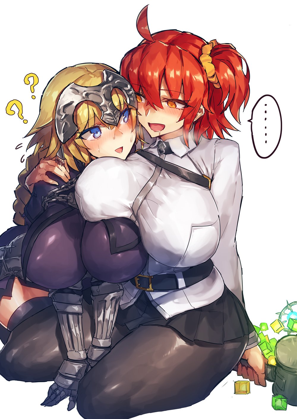 ... 2girls ? ahoge alternate_breast_size arm_around_shoulder armor armored_dress black_legwear blonde_hair blush braid breast_press breasts chain chaldea_uniform commentary_request cube empty_eyes eyebrows_visible_through_hair fate/grand_order fate_(series) faulds flying_sweatdrops fujimaru_ritsuka_(female) gauntlets hair_between_eyes hair_ornament hair_scrunchie hammer headpiece heavy_breathing highres huge_breasts impossible_clothes jacket jeanne_d'arc_(fate) jeanne_d'arc_(fate)_(all) long_braid long_hair looking_at_another melon22 multiple_girls nose_blush one_side_up open_mouth orange_eyes orange_hair scrunchie side_ponytail single_braid sitting speech_bubble spoken_ellipsis spoken_question_mark sweatdrop thigh-highs very_long_hair violet_eyes white_background white_jacket yellow_scrunchie