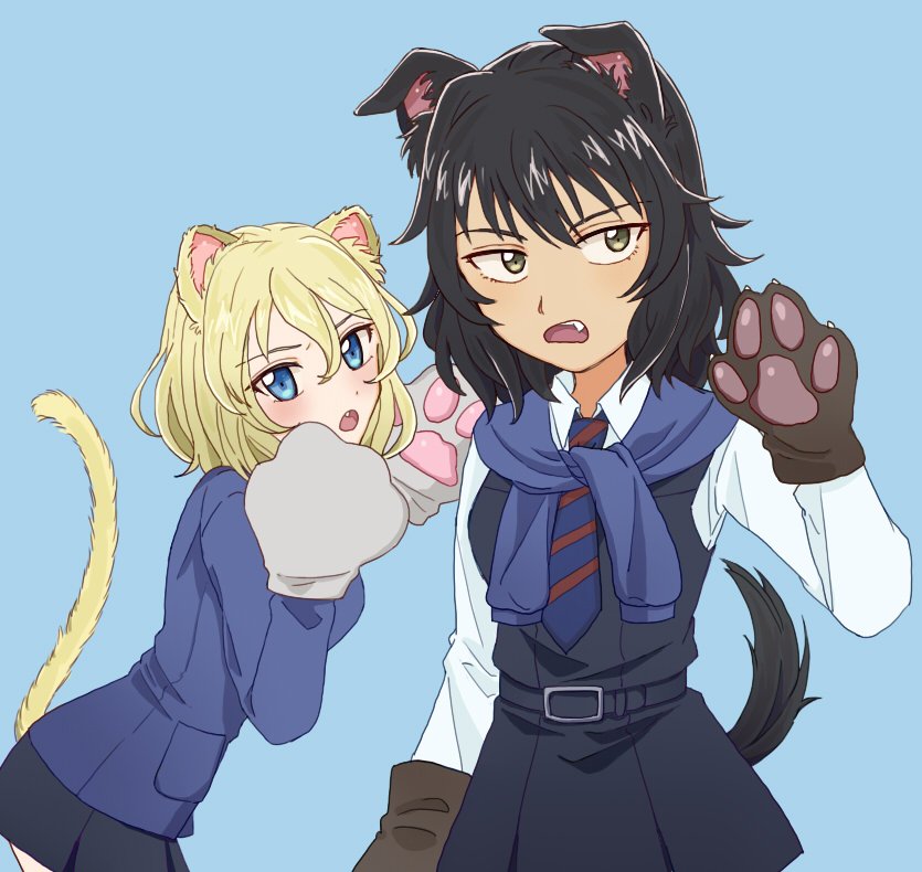 2girls andou_(girls_und_panzer) animal_ears bangs bc_freedom_school_uniform belt black_hair blonde_hair blue_background blue_eyes blush brown_eyes dark_skin fang girls_und_panzer gloves hand_up leaning_forward looking_at_viewer looking_to_the_side medium_hair multiple_girls necktie oshida_(girls_und_panzer) paws school_uniform simple_background standing sweater sweater_around_neck tail teeth thighs tmrks_00 tongue vest