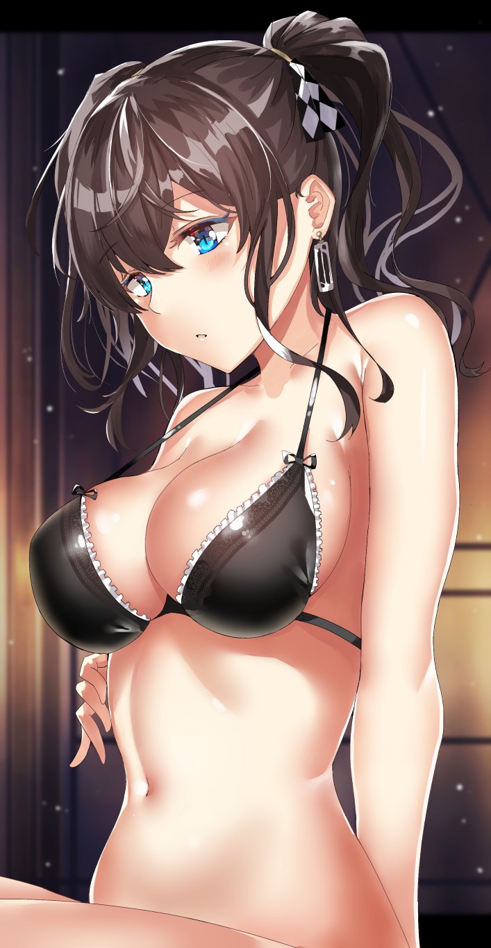 1girl bangs bare_arms bare_shoulders black_bra black_hair black_ribbon blue_eyes blush bra breasts checkered_ribbon collarbone commentary earrings eyebrows_visible_through_hair hair_between_eyes hair_ribbon halterneck head_tilt highres indoors jewelry large_breasts letterboxed navel original outside_border parted_lips ribbon rinaka_moruchi short_hair sidelocks sitting solo stomach strap_gap twintails underwear white_ribbon