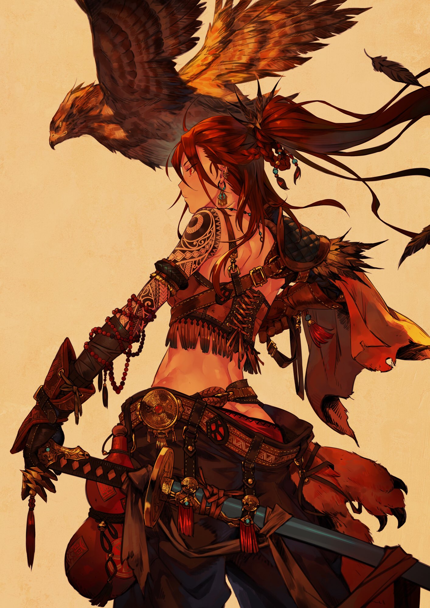 1girl animal arm_tattoo armlet asymmetrical_sleeves bare_shoulders beads belt belt_buckle bird braid buckle cape closed_mouth earrings eyes_visible_through_hair feathers flying from_side gloves gold hair_ornament hawk highres holding holding_sword holding_weapon jewelry katana leather long_sleeves looking_away monq original pants ponytail red_eyes redhead shoelaces shoulder_pads shoulder_tattoo simple_background sleeveless solo standing sword tattoo vest weapon