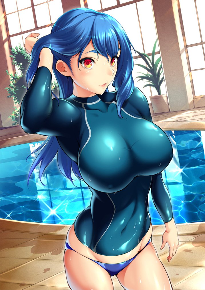 1girl blue_bikini_bottom blue_hair blush breasts character_request covered_navel covered_nipples flipped_hair huge_breasts impossible_clothes indoors long_hair minori_(sugarbeat) original plant pool potted_plant red_eyes smile solo source_request sugarbeat swimsuit thick_eyebrows wet wet_clothes wetsuit