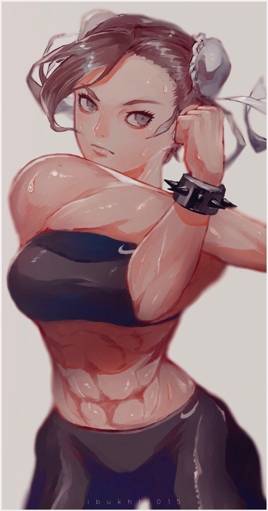 1girl abs bangs bracelet breasts brown_hair bun_cover chun-li clenched_hand densen_(itoguchi) double_bun eyeliner forehead grey_eyes highres jewelry makeup medium_breasts midriff nike pants short_hair sleeveless solo spiked_bracelet spikes sports_bra street_fighter stretch sweat yoga_pants