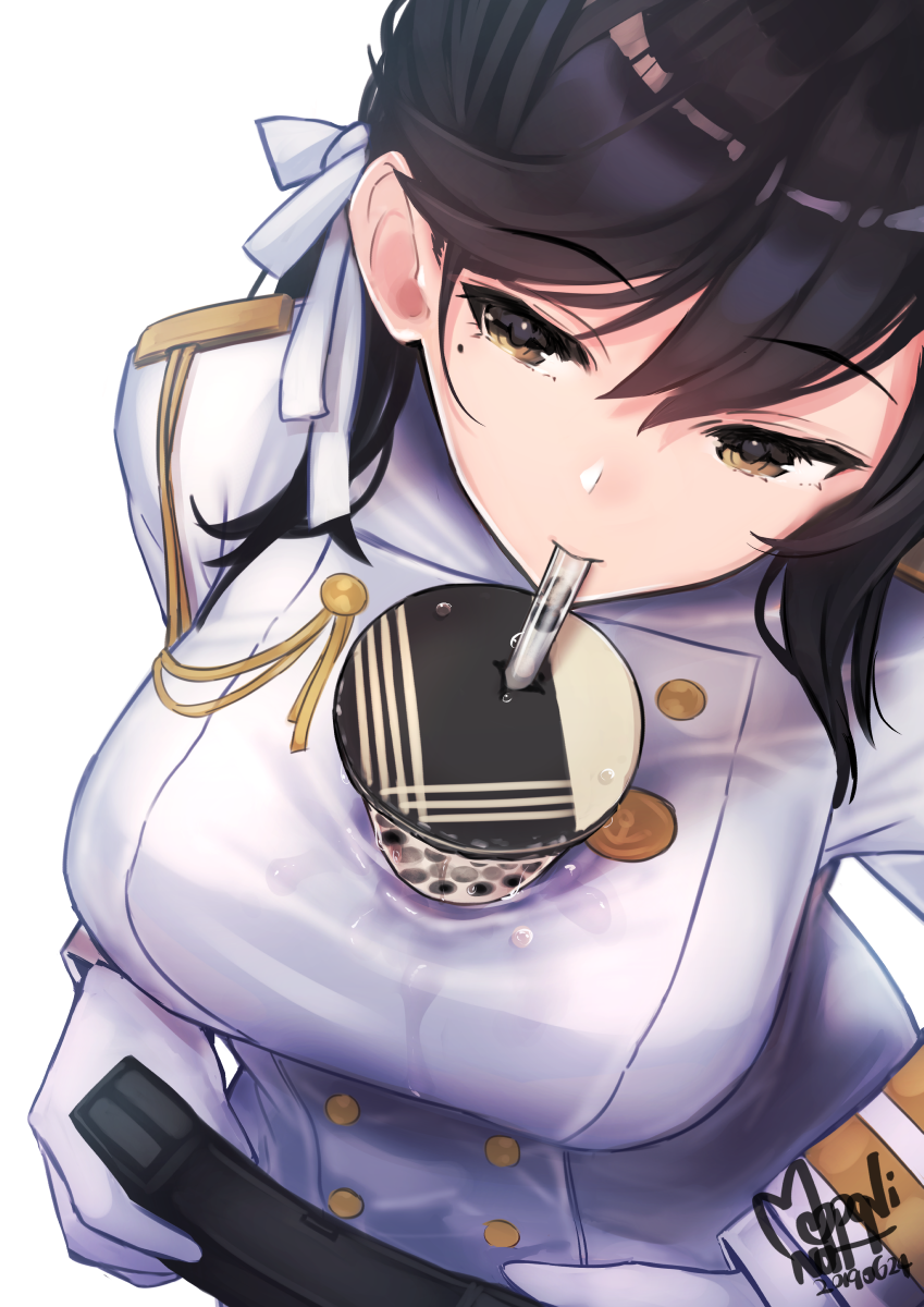 1girl aiguillette animal_ears artist_name atago_(azur_lane) azur_lane bangs black_hair breasts brown_eyes bubble_tea bubble_tea_challenge buttons cup dated disposable_cup drinking drinking_straw epaulettes extra_ears eyebrows_visible_through_hair from_above gloves hair_ribbon highres large_breasts long_hair long_sleeves looking_away mappaninatta meme military military_uniform mole mole_under_eye object_on_breast ribbon shiny shiny_hair signature simple_background solo swept_bangs uniform wet wet_clothes white_background white_gloves white_ribbon white_uniform