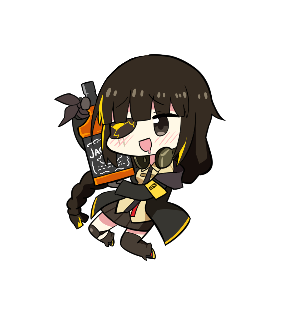 1girl :d black_eyes black_legwear blush bottle braid brown_hair chibi drooling eyepatch girls_frontline headphones headphones_around_neck jack_daniel's jacket long_hair m16a1_(girls_frontline) necktie nemomo open_mouth shin_guards simple_background single_thighhigh smile solo thigh-highs white_background yellow_eyes