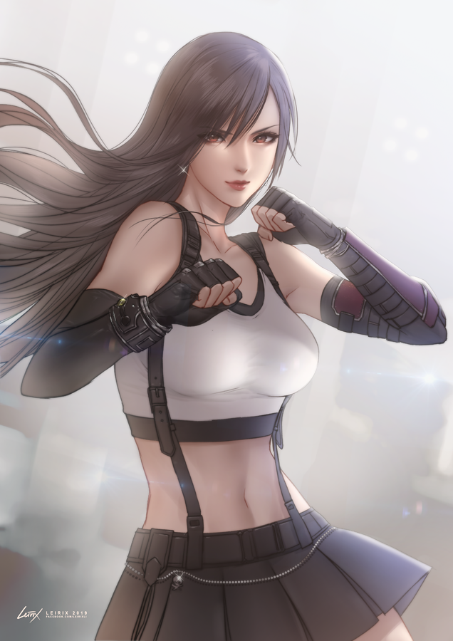 black_skirt blurry blurry_background breasts brown_eyes commentary earrings elbow_gloves elbow_pads final_fantasy final_fantasy_vii final_fantasy_vii_remake fingerless_gloves gloves grey_background jewelry large_breasts leirix_(leirixart) long_hair low-tied_long_hair midriff miniskirt pink_lips shirt skirt suspender_skirt suspenders tank_top taut_clothes taut_shirt tifa_lockhart