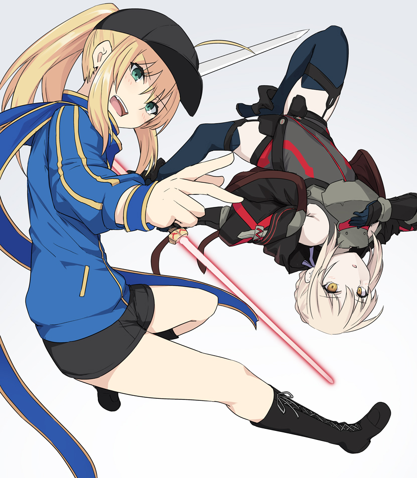 2girls ahoge artoria_pendragon_(all) bangs baseball_cap black_shorts blonde_hair blue_jacket blue_scarf braid commentary_request eyebrows_visible_through_hair fate/grand_order fate_(series) green_eyes hair_between_eyes hair_ribbon hat holding jacket long_hair long_sleeves looking_at_viewer multiple_girls mysterious_heroine_x ponytail ribbon saber_alter scarf shiseki_hirame short_hair shorts simple_background sword track_jacket upside-down weapon white_background yellow_eyes