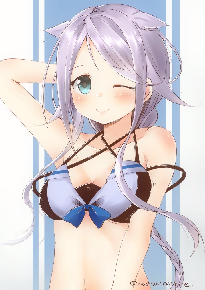 1girl alternate_costume artist_name bangs bare_shoulders bikini blush braid breasts collarbone commentary_request eyebrows_visible_through_hair green_eyes hair_flaps hand_in_hair kantai_collection long_hair looking_at_viewer mae_(maesanpicture) medium_breasts navel one_eye_closed remodel_(kantai_collection) shiny shiny_hair silver_hair simple_background smile solo swept_bangs swimsuit umikaze_(kantai_collection)