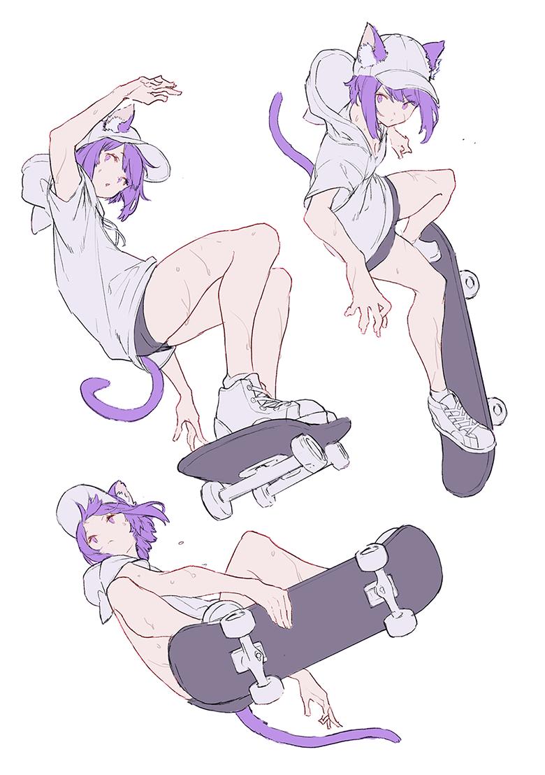 1girl animal_ears bangs closed_mouth commentary eyebrows_visible_through_hair hat holding holding_skateboard hood hood_down hoodie looking_at_viewer looking_to_the_side mogumo multiple_views original parted_lips purple_hair shoelaces shoes short_hair shorts simple_background skateboard skating sneakers sweat tail violet_eyes white_background