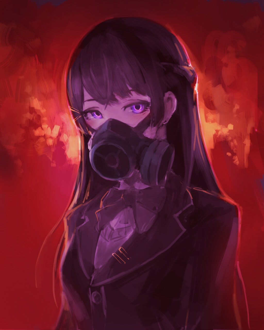 1girl backlighting bangs black_hair blazer bow bowtie buttons fire gas_mask hair_ornament hairclip hairclip_on_clothes highres ito_daka jacket long_hair looking_at_viewer nijisanji red_background school_uniform shirt solo straight_hair sweater tsukino_mito upper_body violet_eyes white_shirt wing_collar