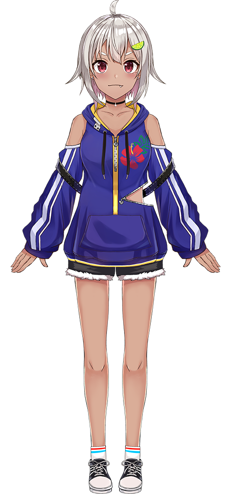 1girl :3 ahoge bangs black_choker black_shorts blue_hoodie blush choker closed_mouth collarbone dark_skin detached_sleeves fang fang_out food_themed_hair_ornament full_body grey_hair hair_ornament hairclip hayama_marin looking_at_viewer nijisanji official_art okutomi_fumi open_mouth red_eyes shorts sleeves_past_wrists smile solo standing tachi-e thick_eyebrows transparent_background virtual_youtuber zipper