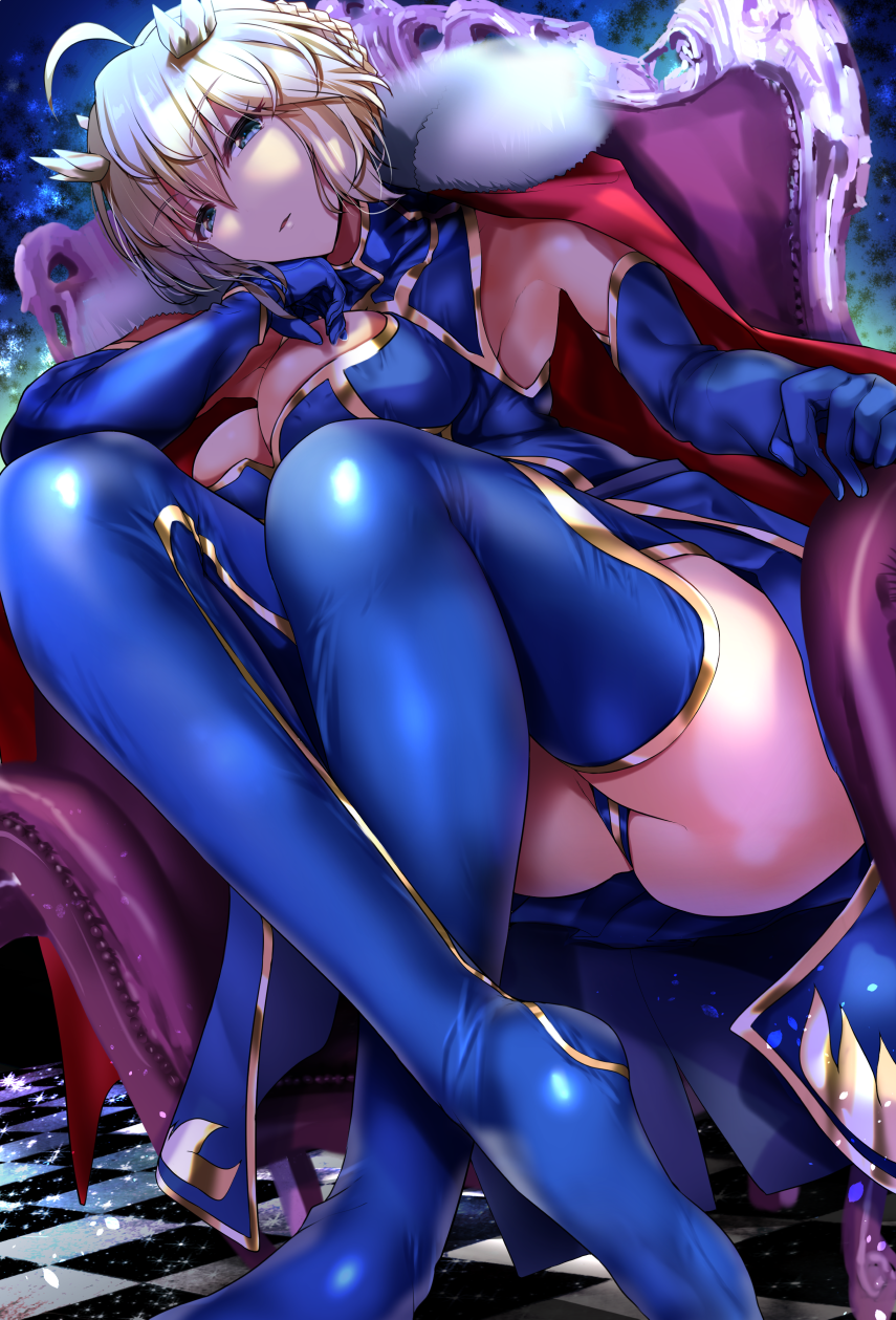 1girl ahoge artoria_pendragon_(all) artoria_pendragon_(lancer) bangs blonde_hair blue_footwear blush boots braid breasts cape chair crossed_ankles crown elbow_rest eyebrows_visible_through_hair fate/grand_order fate_(series) french_braid fur_trim green_eyes hair_between_eyes head_tilt high_heel_boots high_heels highres large_breasts long_hair looking_at_viewer nonohachi revision sidelocks sitting smile solo swept_bangs thigh-highs thigh_boots thighs