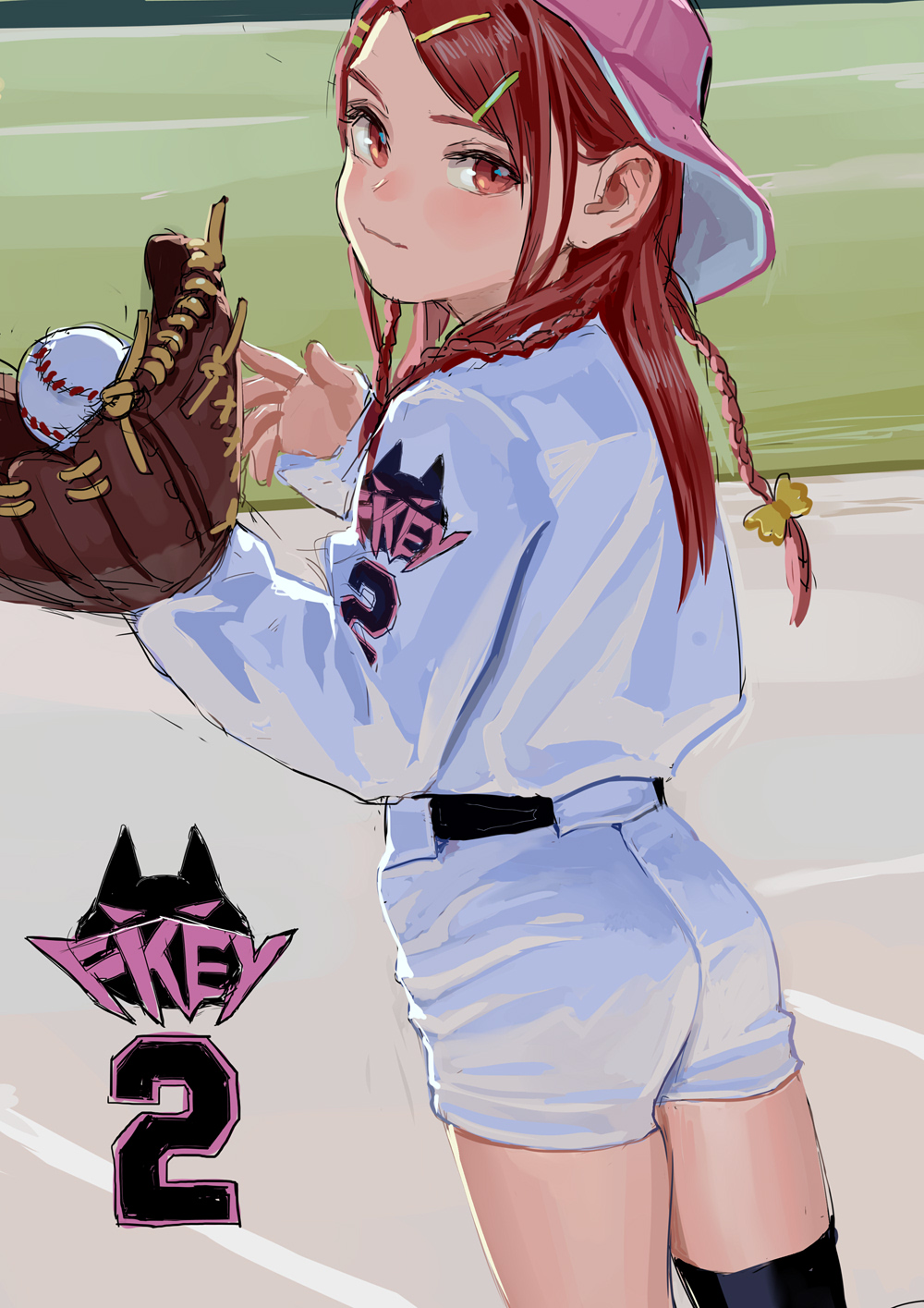 1girl ass back baseball baseball_cap baseball_mitt baseball_uniform belt black_legwear braid fkey hair_ornament hairclip hat highres looking_at_viewer original red_eyes redhead shorts single_thighhigh smile solo sportswear thigh-highs